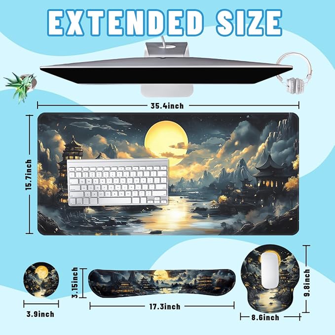 Fantasy Temple Desk Mat Set Golden Moon Asian Night Landscape Large Mouse Pad with Wrist Rest 4in1 Desk Mat for Desktop Ergonomic Computer Desk Arm Wrist Anti-Slip Computer Mouse Pad Office Gaming