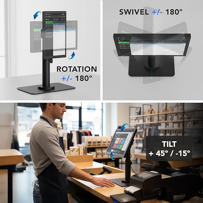 Mount-It! POS Monitor Stand, Adjustable Desktop VESA Mount for 13–32 Inch Screens, Height Adjustable Full Motion Swivel Tilt Rotation, Freestanding or Bolt-Down Base for Retail, Kiosks, Checkout