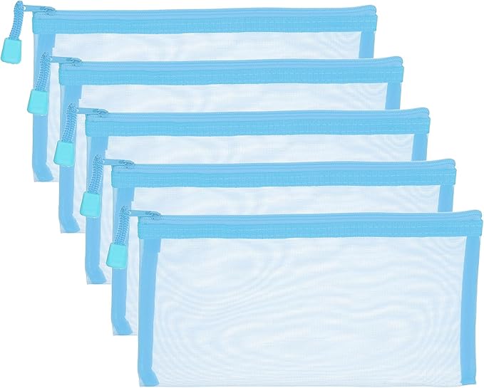 PATIKIL B6 Mesh Zipper Pouch Bags, 5 PCS Mesh Bags with Zipper Plastic Storage Pocket for Organizing File Beads Office Home Supplies, 11.5x23cm, Sky Blue