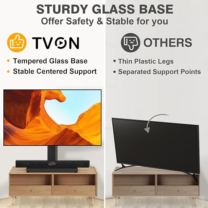 TVON Universal TV Stand Base, Swivel Table Top TV Stand for 20-43 inch TVs/Monitors with 4 Level Height Adjustment and Tempered Glass Base, Holds up to 88 Lbs, VESA 200x200mm