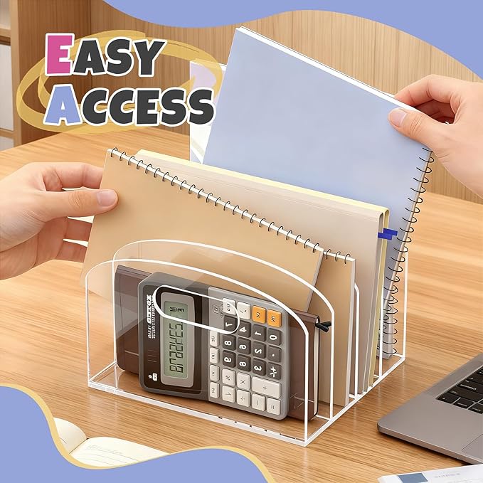 Jumyee 4 Vertical Compartments Acrylic Magazine File Holder with Handles, Clear Desk File Organizer Sorter, Desktop File Storage Binder Holder for Desk, Home, Office, School, Classroom