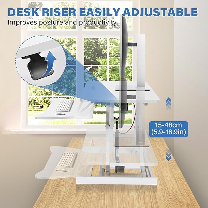 37" Height Adjustable Standing Desk Converter, Two Monitor Stable Stand up Desk Converter, 5.9"-18.8" Height Adjustable Laptop Workstation with Keyboard Tray, Desktop Riser for Home and Company