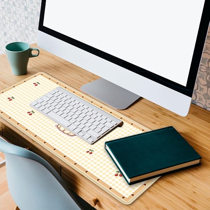 Cute Puppy Mouse Pad Cartoon Cherry Gingham Mousepad Extended Large Laptop Keyboard Non-Slip Rubber Base with Stitched Edges for Home 31.5x11.8 Inch