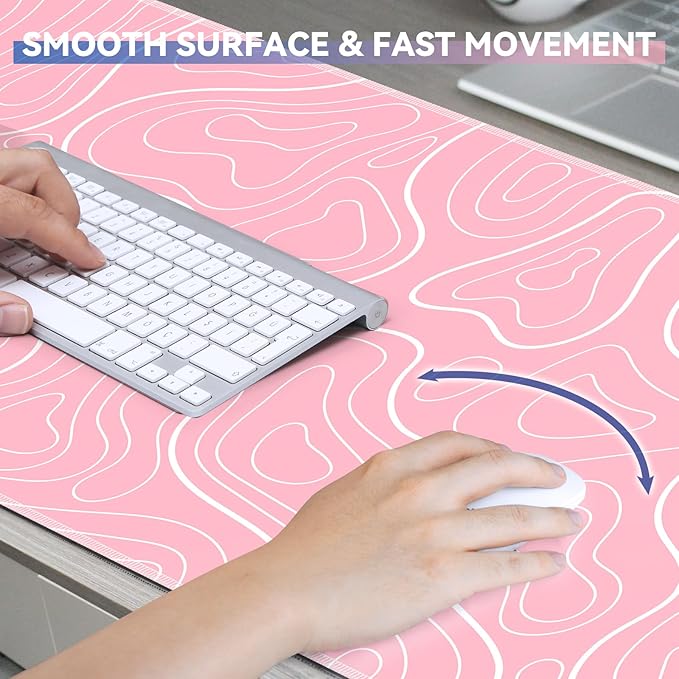 Gaming Mouse Pad Big Mousepad with Non-Slip Rubber Base, 31.5 x 11.8 in XL Large Desk Mat for Gaming Home Office, Long Keyboard Pad Mouse Mat for Computer with Stitched Edges, Pink Topographic