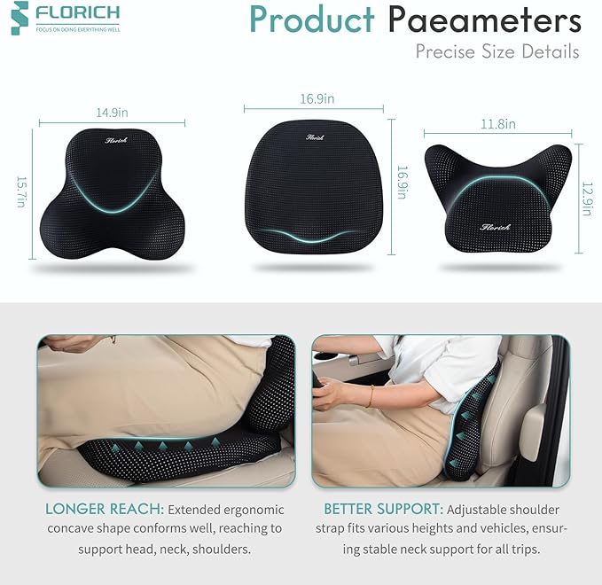FLORICH Car Seat Cushion and Lumbar Support Pillow for Office Chair Car, Neck Headrest Pillow, Ergonomic Memory Foam, Pressure-Relieving Back Support for Car, Office Chair & Wheelchair – Black