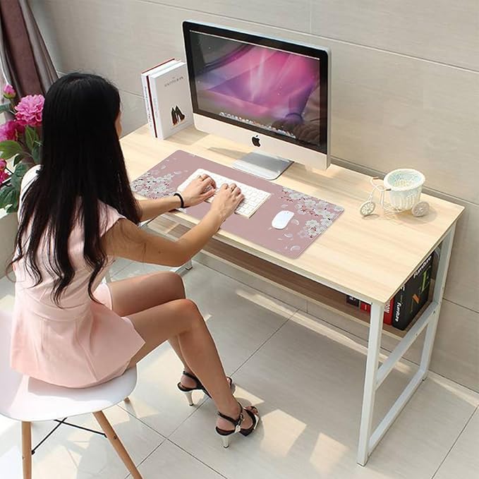 Pink Cherry Blossom Large Mouse Pad Desk Mat, 27.5x11.8in Japanese Sakura Floral Extended Keyboard Mousepad with Stitched Edges, Non-Slip Waterproof Rubber Base for Office, Computer & Laptop