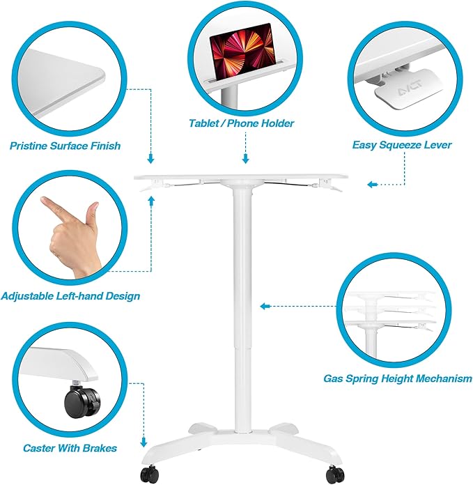 AVLT 48" Ambidextrous Standing Desk, Mobile Adjustable Height Rolling Laptop Desk, Folding Computer Projector Cart with Brake Casters, Portable White Desk for Home Office