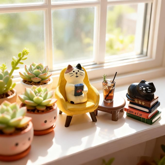 Cute Cat Home Decor Office Desk Accessories, Cats Playing Phone on Sofa and Drinking Coffee, Mini Kitty on Books Miniature Figurines Cats Decorations Gifts for Cat Lovers Computer Book Shelf Decor