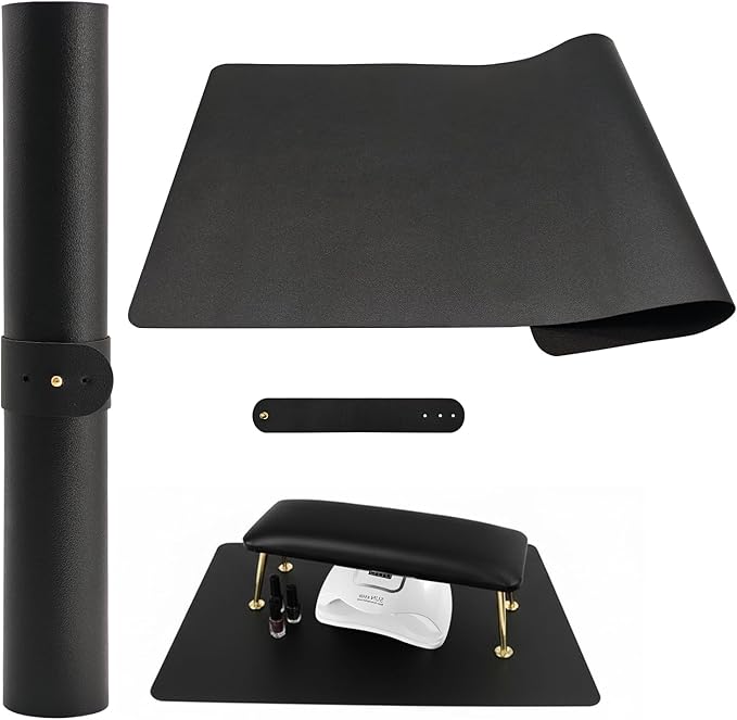 Foldable Nail Art Table Mat, Waterproof PU Leather Desk Mat for Manicure, Non-Slip Protective Pad for Nail Tech Salon Home, Portable and Easy Clean (Black, 60x30cm)
