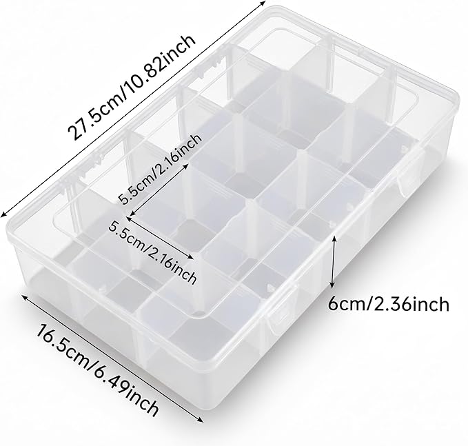 Umirokin 2 Pack 15 Grids Clear Plastic Organizer Box with Adjustable Dividers, Craft Storage Containers for Jewelry, Beads, Screws, Tackle Box, Washi Tapes, Small Parts Organizer for Arts and Crafts
