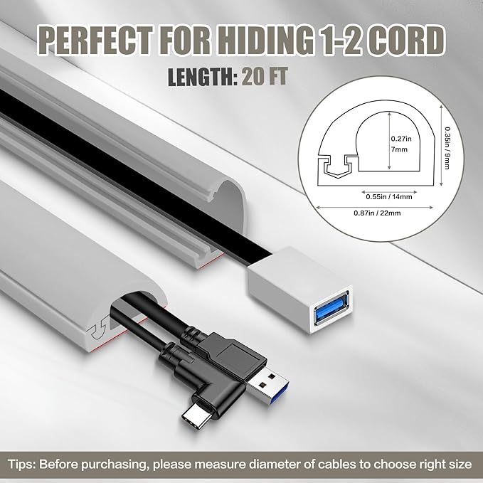 Cord Wall Cover, 236in Self-Adhesive Wire Covers for Cords on Wall, Extension Cable Hider for Floor, Mounted Tv, Home and Office Cavity 0.63" Wx0.31 H