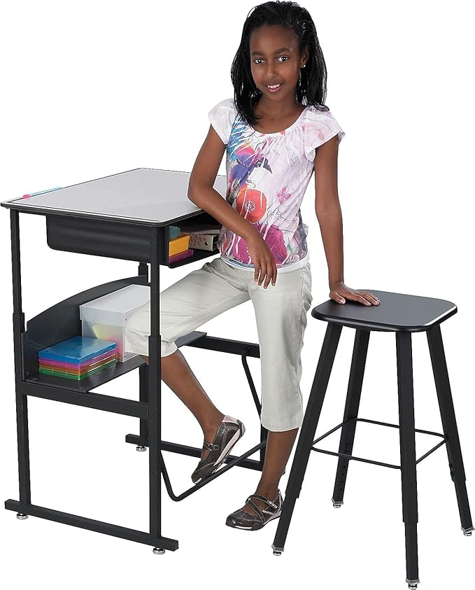 Safco Products 1204GR Alphabetter Adjustable-Height Desk Premium Desktop, Book Box, Swinging Footrest Bar, 28" x 20", Gray