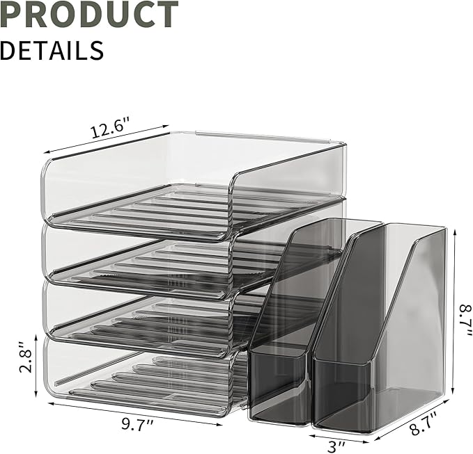 FANXIYQ 4-Tier Acrylic Paper Tray Organizer with Bookends | Clear Stackable Desk Organizer for Documents, Letters, A4 Paper | Modern Office/Classroom/Home Organization,Brown