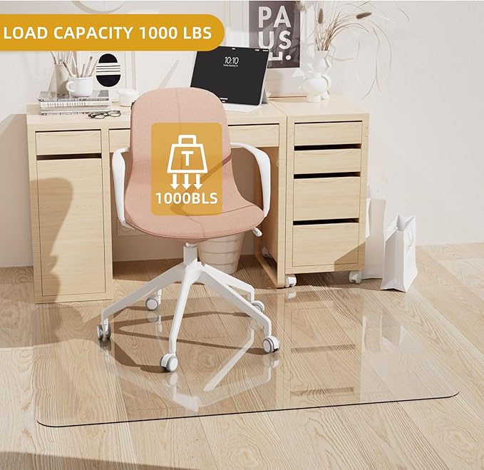 [Tempered Glass] Glass Office Chair Mat for Carpet Heavy 57" x 42"-1/5" Thick Premium Tempered Glass Duty Hard Glass Chair Mats -for Office Chair on Carpet or Hard Floor with 4 Anti-Slip Pads