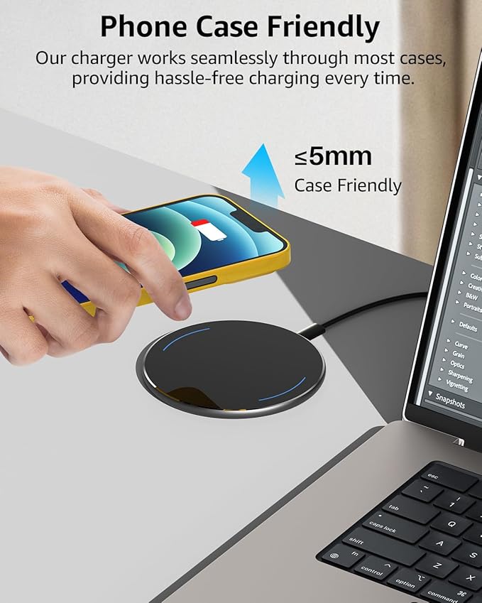 TOZO W1 New Anti-Slip Aircraft-Grade Aluminum Wireless Charger 15W Max Fast Wireless Charging Pad Compatible with iPhone 17/17 Pro/17 Pro Max/Air/16/15/SE Series, Samsung Galaxy S25/S24, Ink Black