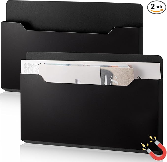 Feifeiya 2 Pcs Magnetic File Folder Wall Hanging Holder Large Pocket Paper Magazine Mail Organizer for Refrigerator Classroom Locker Whiteboard(Horizontal,Black Color,13.8 x 8.3 Inches)