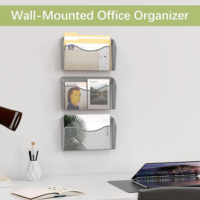 EasyPAG 3 Pack Wall File Organizer, Metal Mesh Hanging File Folder Holder for Letter/A4 Size Folders, Vertical Wall Mount Mail Sorter for Office Paperwork, Classroom, Silver