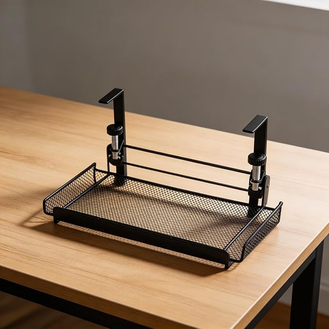 Adjustable Under Desk Cable Management Tray, 4.5-8.5cm Height Carbon Steel Wire Organizer Shelf for Office Home, No Drill Hanging Cord Holder Rack, Black or White(Black L)