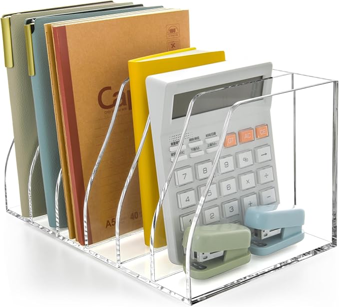 Acrylic Magazine File Holder, 6 Vertical Compartments Desk Document Sorter Organizer, Clear Folder Rack Binder for Office, Tablets, Magazines, Books – Home/Classroom Rack, 5mm Thick