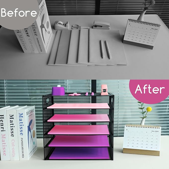 5 Tier Lettrer Tray Organizer, Metal Mesh Desk File Organizer with Sliding Trays, Paper Sorter Desk Organizer for Home Office School, Black