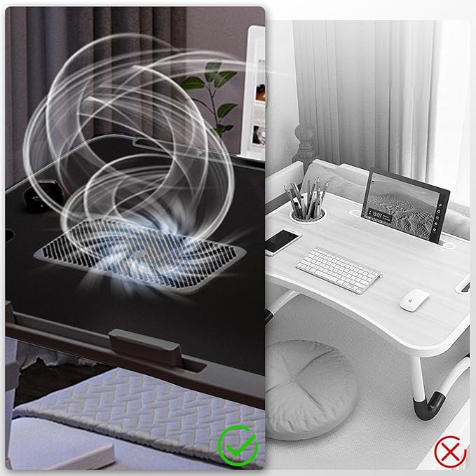 iXTRA Laptop Lap Desk with Cooling Fan - Adjustable with Light, USB, Storage Drawer - Folding Bed Desk,22.04"*12.59",Black