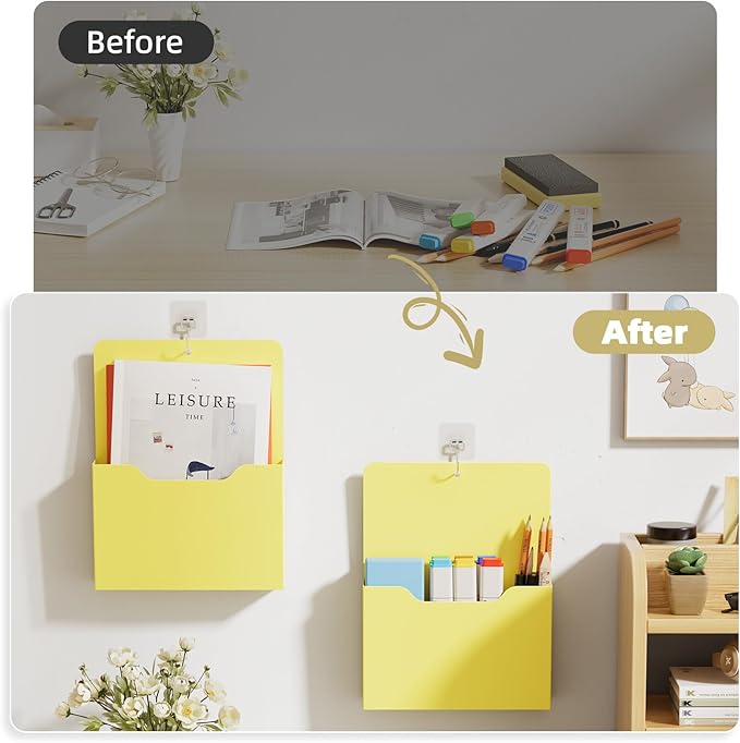 Magnetic File Holder - Magnetic Paper Holder, Pocket Organizer Office Supplies Storage Mail Organizer for Notebooks,Planners,Letter (Yellow）