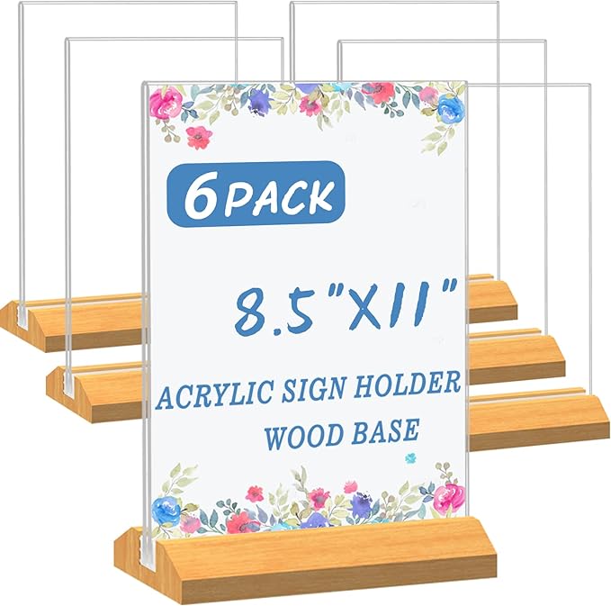 6 Pack Acrylic Sign Holder 8.5 x 11 Inch with Wood Base,Clear T-Shape Menu Display Stand for Restaurant Retail Counter