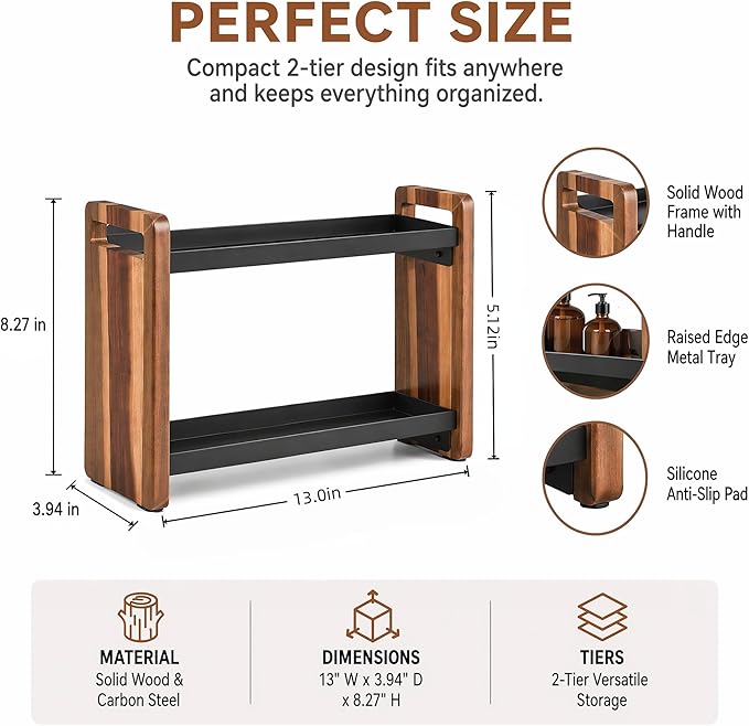 Narrow Solid Wood Bathroom Counter Organizer, Space-Saving Bathroom Storage Rack for Vanity, Multi-Purpose Kitchen Spice Rack & Bedroom Makeup Organizer(Acacia, 2 Tier)