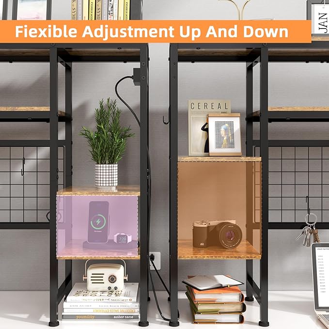 Desk Shelf for Top of Desk, 41.3" Desktop Organizer Shelf with Grid Panel & LED Lights, Desk Hutch for Computer Monitor, Wood Desktop Bookshelf for Home Office Dorm, with Power Outlets