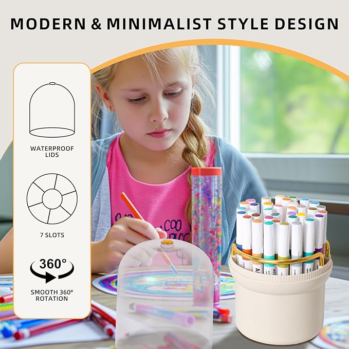 360-Degree Rotating Colored Pencil Holder with Lid, Pencil Organizer Holds 100 Long Pencils with 7 Slots for Desk, Caddy Art Supply Organizer, Multi-function Makeup Brushes Ogranizer (Ivory White)