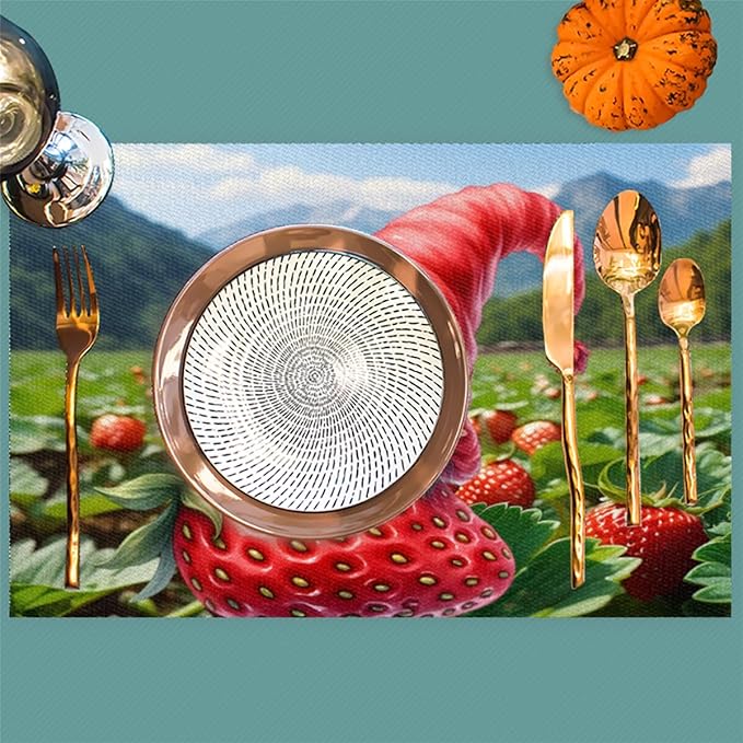 Placemats Set of 4 Heat-Resistant Rectangle Place Mats Strawberry Elf Washable Plastic PVC Dining Table Mat Non-Slip Wipeable Woven Vinyl Placemat for Kitchen Patio Table Decor