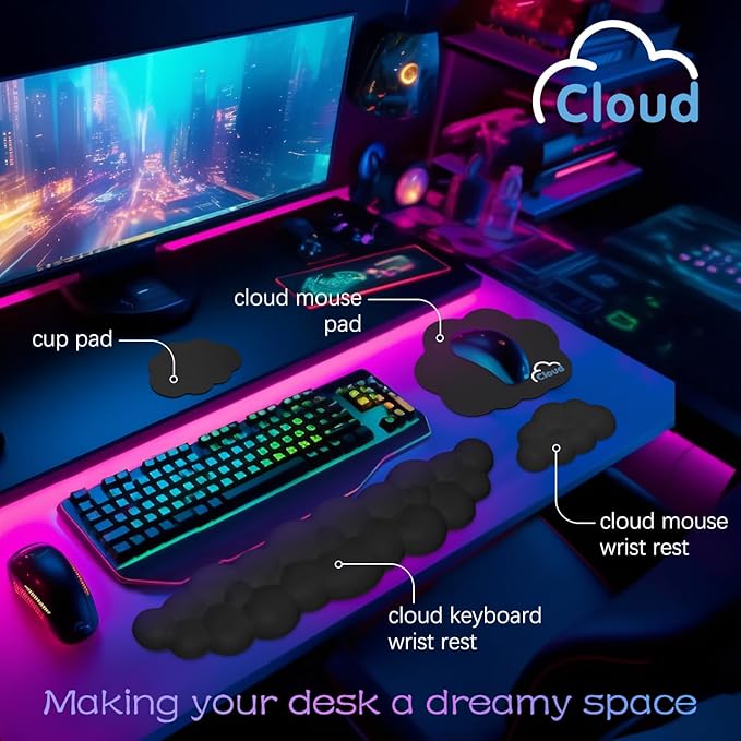 Cloud Wrist Rest Keyboard Palm Rest with Non-Slip Base for Computer Gaming Wrist Rest, YAMJUG Cloud Arm Rest Keyboard Wrist Pad Black