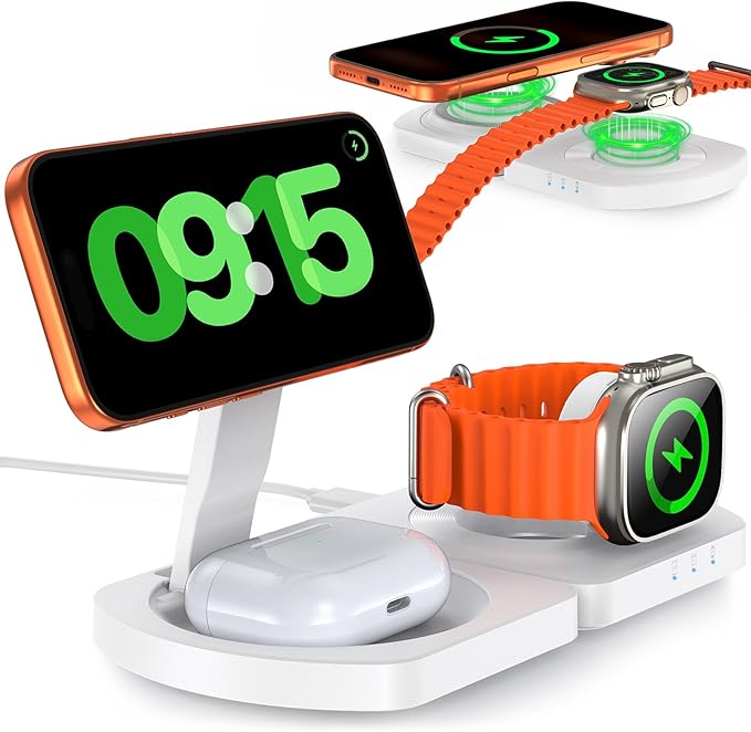 Wireless Charger for iPhone, 3-in-1 Magnetic Charging Station for Apple, MagSafe Charger Stand for iPhone 17 Air 16 15 14 13 12 Series, Airpods Pro, Apple Watch Ultra, Foldable, No Adapter, White