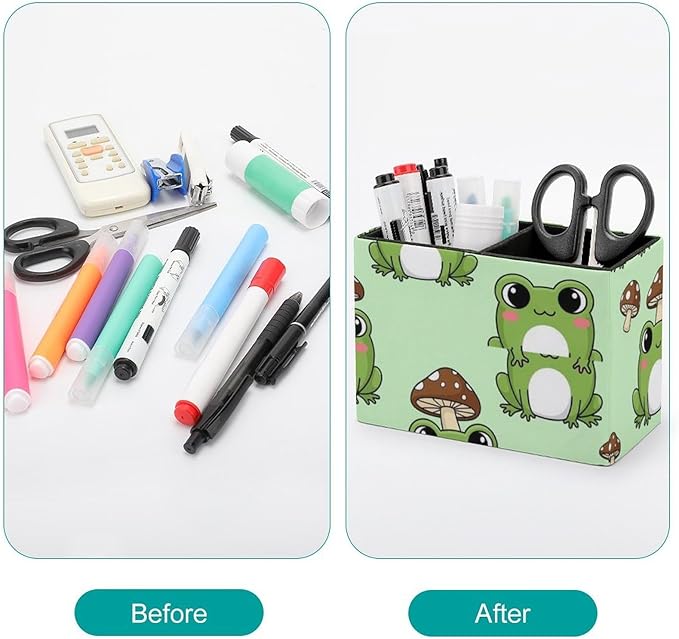 Square Pen Holder with Anti-Slip Bottom Cute Green Frog Mushroom, Practical and Chic Desk Organizer