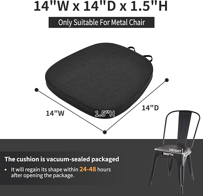 baibu 14x14 Memory Foam Metal Chair Cushions Set of 4, Dual-Layer Design Non-Slip Metal Dining Chair Pads Kitchen Seat Cushion with Machine Washable Cover, 4 Counts, Black