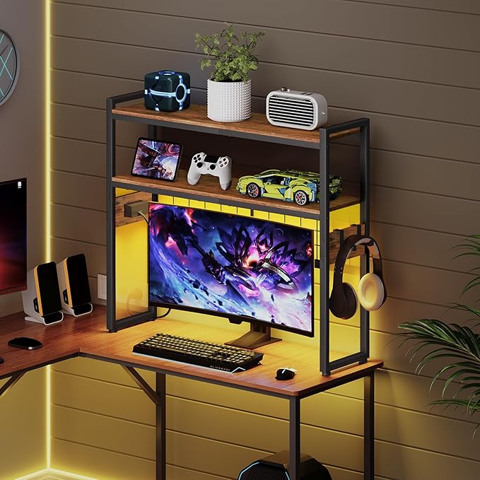 HOOBRO Desktop Bookcase and Gaming Desk Bundle, 2-Tier Desktop Organizer with Outlets, 46 Inch Reversible Computer Desk with LED Light & Power Outlet, for Office, Rustic Brown BF11UDSJ01-BF18UDDN01
