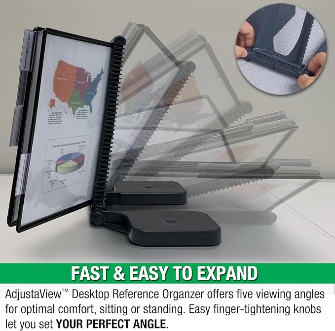 Ultimate Office AdjustaView 20-Pocket Desk Reference Organizer with Easy-Load Pockets and Compact Weighted Base for Stability, Black Pockets