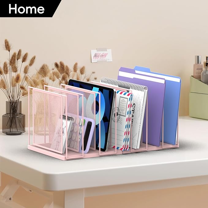 File Organizer for Desk, 7-Section Vertical File Sorter, Paper Holder Organizer Standing Metal File Folder for Office Home Classroom, Pink