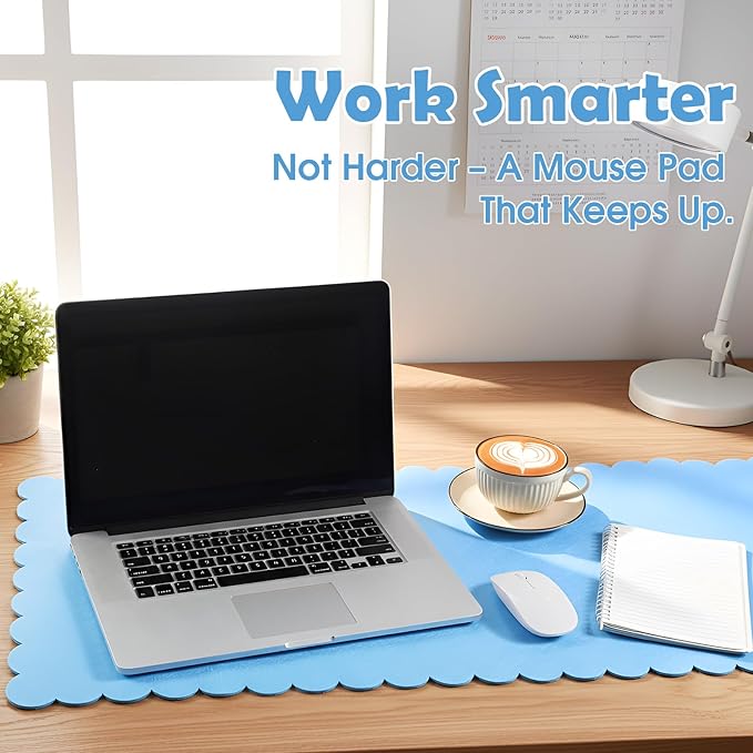 Copkim 35 x 16.5 Inch Felt Desk Mat with Scalloped Edges, Large Felt Mouse Pad Non Slip Scalloped Computer Laptop Desktop Pad for Keyboard and Mouse Home Office(Blue)