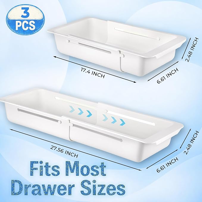 3-Pack Expandable Drawer Organizer for Deep Drawers, Adjustable 17–27 in Storage Tray, Durable PP Smooth Glide Divider for Kitchen, Vanity & Office, Space-Saving Design