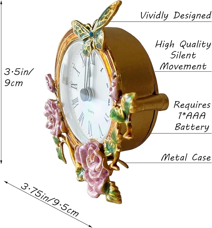 Silent Mini Vintage Analog Table Clock with Hand-Painted Metal Body and Battery Operated Non-Ticking Core for Shelf, Bedroom, Bedside, Desk, Gift Clock