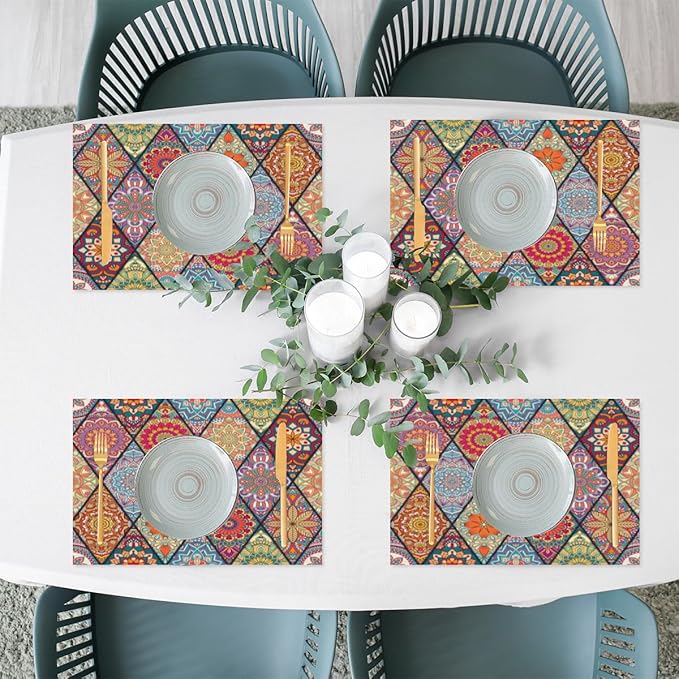 Placemats Set of 4 Heat-Resistant Rectangle Place Mats Bohemian Mexico Boho Washable Plastic PVC Dining Table Mat Non-Slip Wipeable Woven Vinyl Placemat for Kitchen Patio Table Decor