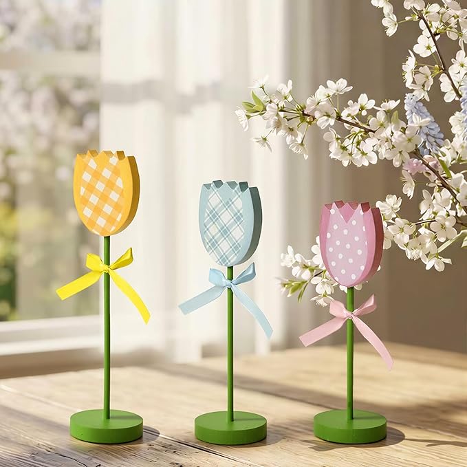 Smile 3Pcs Spring Tulip Wooden Signs - Rustic Farmhouse Floral Tabletop Insert Decor, Colorful Plaid Floral Block Tabletop Plaques for Home Decor