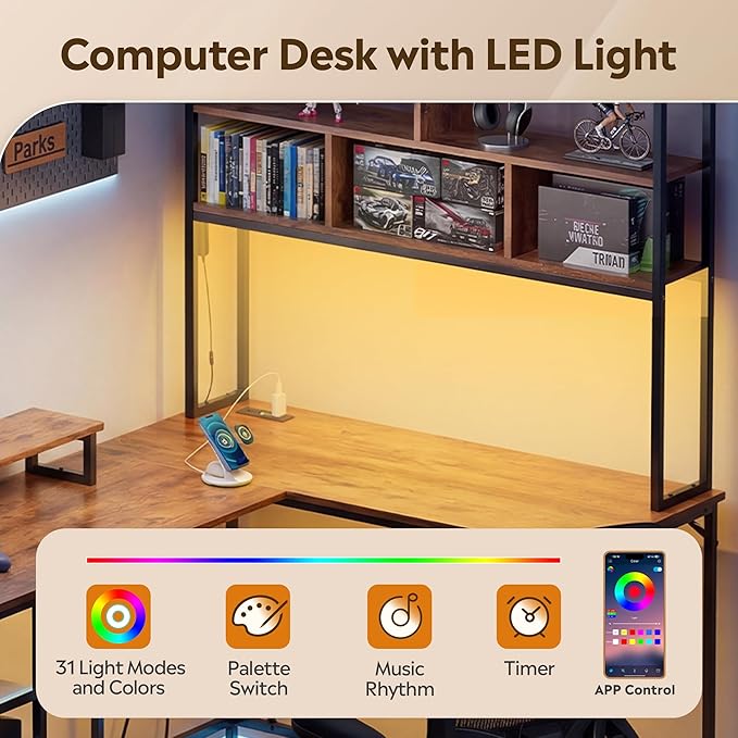 DEVAISE 60 Inch L Shaped Gaming Desk with Drawers and Storage, Corner Desk with LED Lights, Power Outlets, Computer Desk with Monitor Stand, Office Desk for Home, with Hutch, Rustic Brown