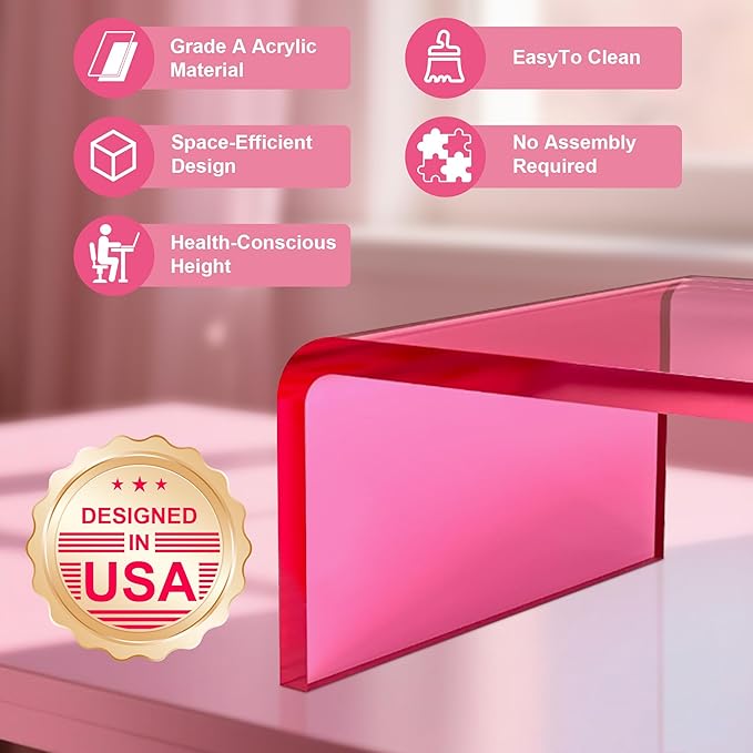Acrylic Monitor Stand Riser 15-inch Acrylic Laptop Stand for Desk Clear Computer Monitor Stand for Desk Office Organizer for Office Home Bright Pink