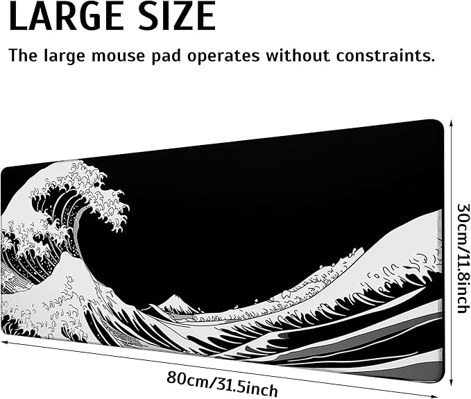 Large Gaming Mouse Pad Dark Wave Desk Mat,Non-Slip Rubber Base Stitched Edges,Extended Mousepad for PC,Laptop,Office,Home Decor(31.5 x 11.8 Inch)