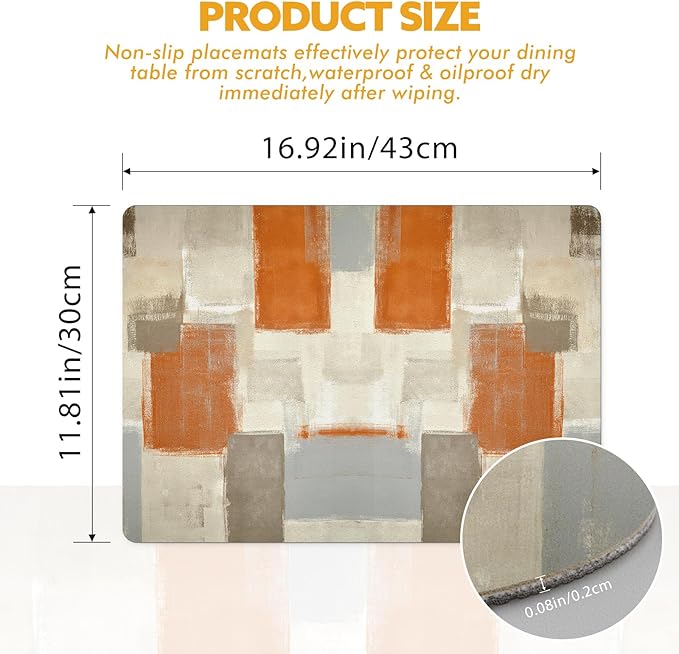 Modern Art Print Placemats Set of 4 - Orange and Grey Abstract Faux Leather Table Place mats Heat Resistant Waterproof Wipeable Non-Slip Washable Place Mat for Kitchen Dining Table Decor, 17" x 12"