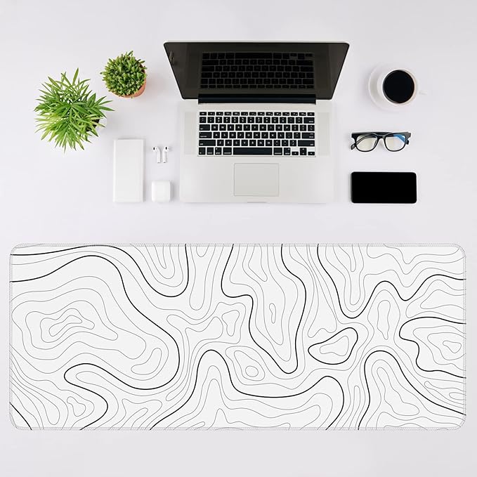 DIGSOM Mouse Pad Gaming Mousepad 31.5 x 11.8 in Large Mouse Pad for Keyboard and Mouse with Anti-Slip Rubber Base, Keyboard Pad XL Mouse Mat for Home and Office(White with Black Topographic Line)