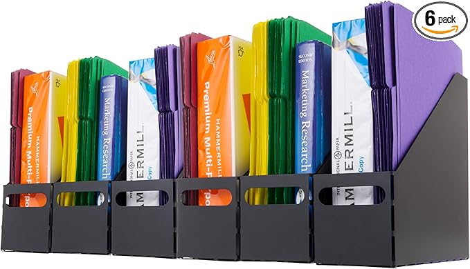 IRIS USA Magazine Holder, Compact File Storage Mini File Organizer for Desk and Home Office, Personal File Organizer for Papers and Magazines, Space-Saving Storage Set 6 Pack, Black