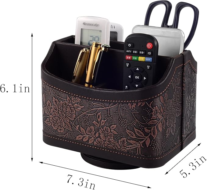 Antique Leather Remote Control Holder 360 Degree Spinning,Desk Rotating Organizer/Caddy for TV Remote Controllers,Pen,Calculator Media Player,DVD,Office Supplies,Mobile Phone Storage Box (Retro)
